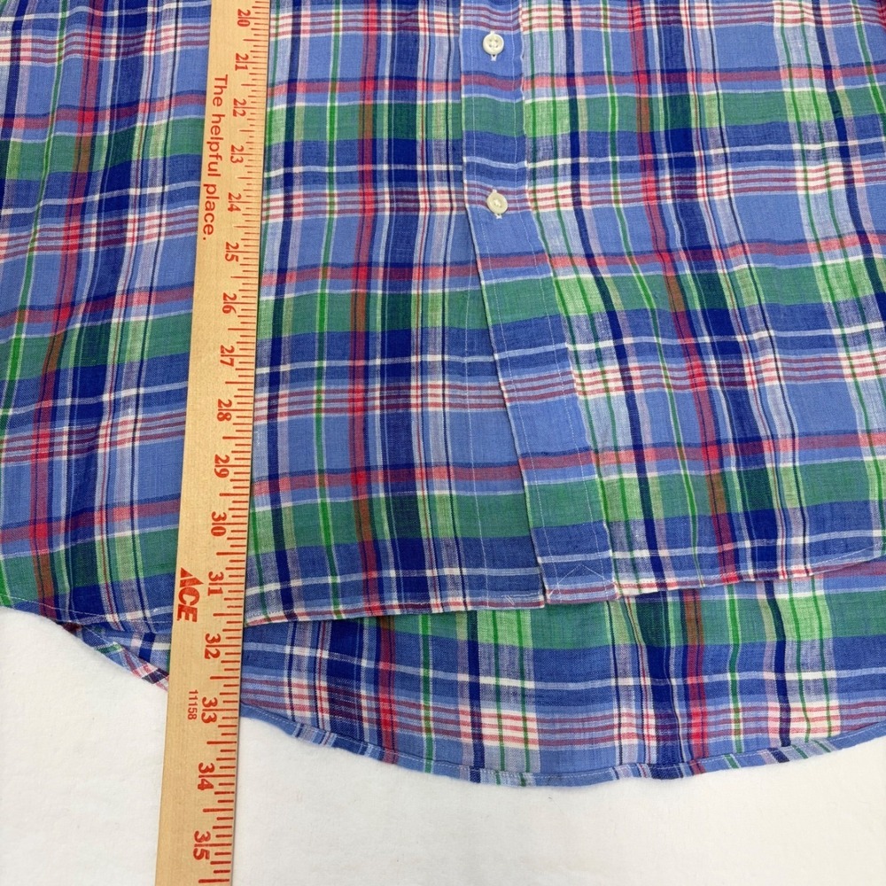 Ralph Lauren Linen Plaid Shirt XL Preppy Blue Button Down Short Sleeve Mens Top - Picture 10 of 11